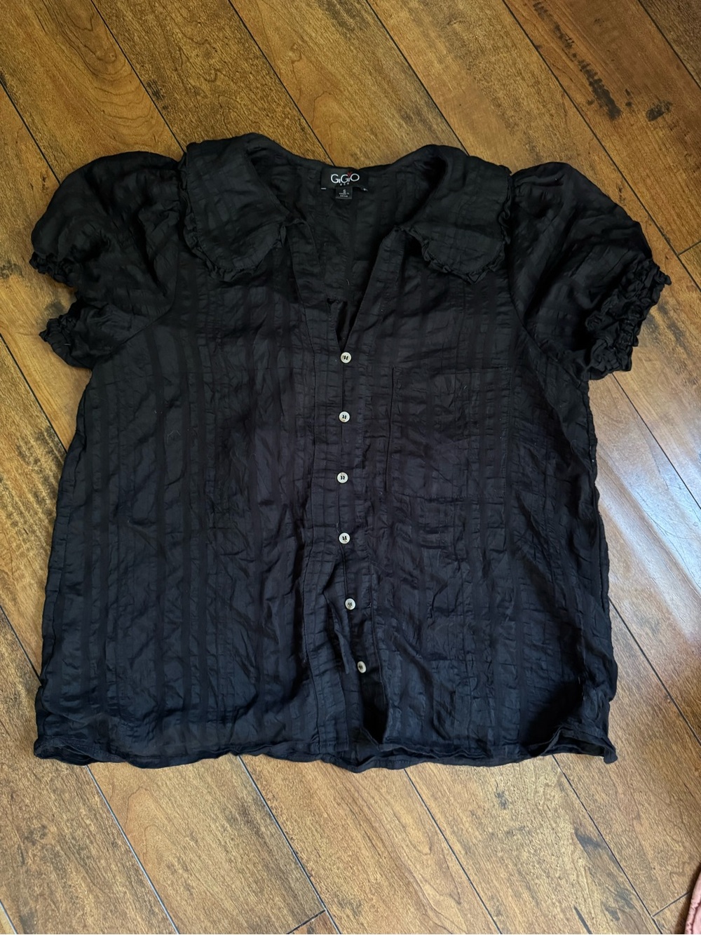Black Short-Sleeve Button Down Blouse with Ruffle Collar